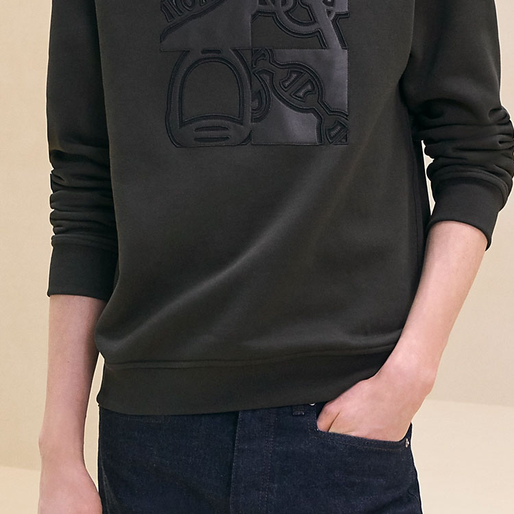 Details for HERMES Sweatshirt Lelaki Hitam Sheepskin Patch Lengan Panjang Crewneck H467810HA11