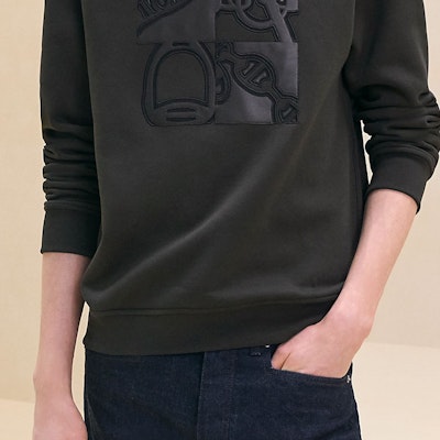 HERMES Sweatshirt Lelaki Hitam Sheepskin Patch Lengan Panjang Crewneck H467810HA11 Details for HERMES Sweatshirt Lelaki Hitam Sheepskin Patch Lengan Panjang Crewneck H467810HA11