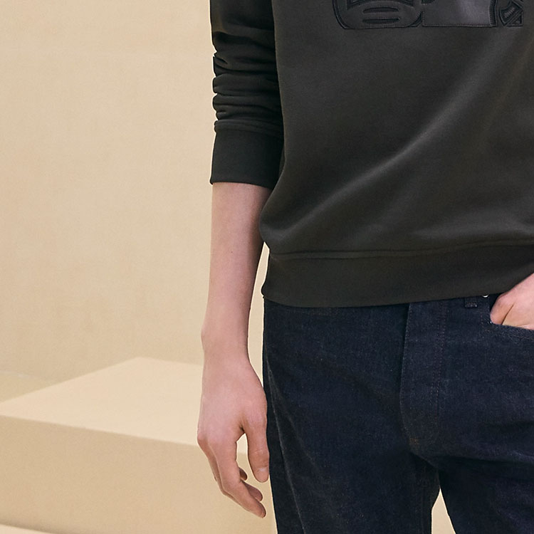 Sizing HERMES Sweatshirt Lelaki Hitam Sheepskin Patch Lengan Panjang Crewneck H467810HA11