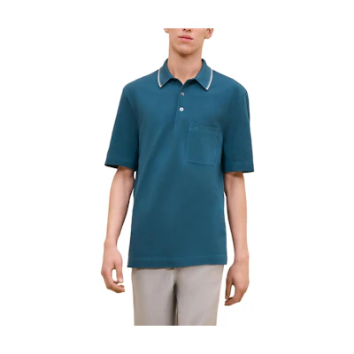 HERMES FW24 Blue Polo Shirt with Contrast Striped Trim and Patch Pocket H467995HA653