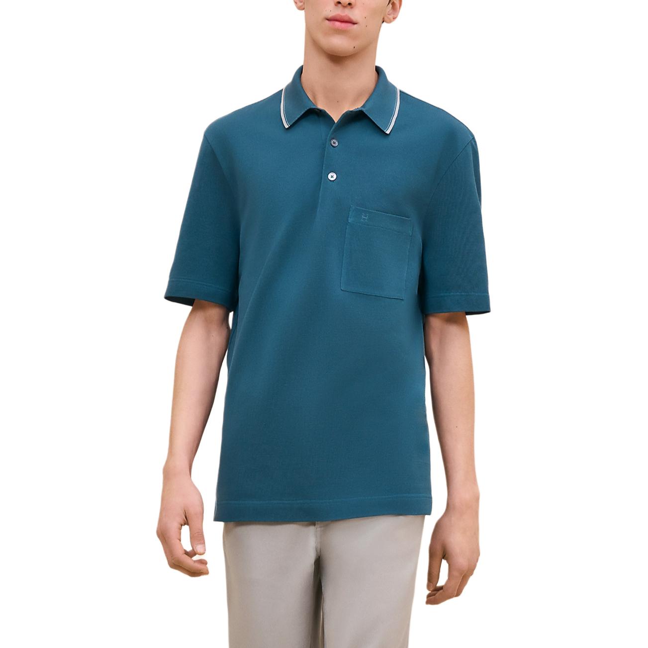 Order HERMES FW24 Blue Polo Shirt with Contrast Striped Trim and Patch Pocket H467995HA653