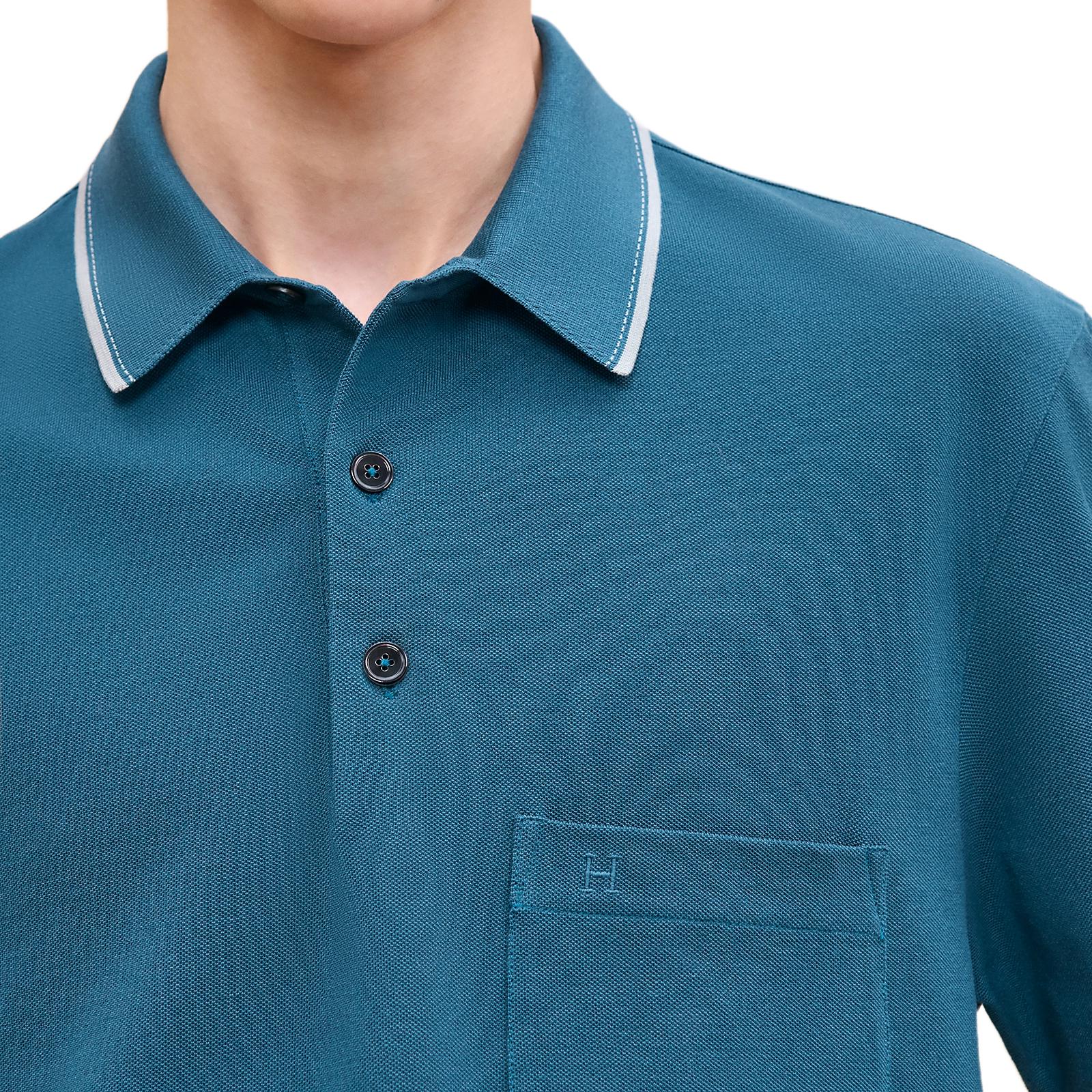 Shop HERMES FW24 Blue Polo Shirt with Contrast Striped Trim and Patch Pocket H467995HA653