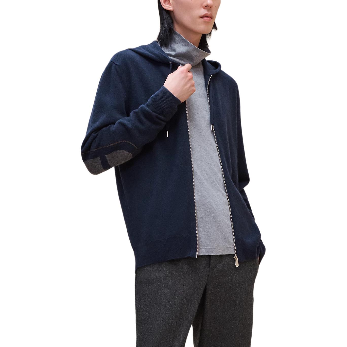 Hermes FW24 Contrast Color Knit Hoodie Jacket for Men Ocean Blue H467140HA01