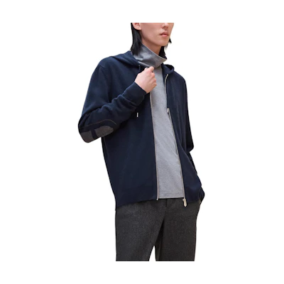 Hermes FW24 Contrast Color Knit Hoodie Jacket for Men Ocean Blue H467140HA01