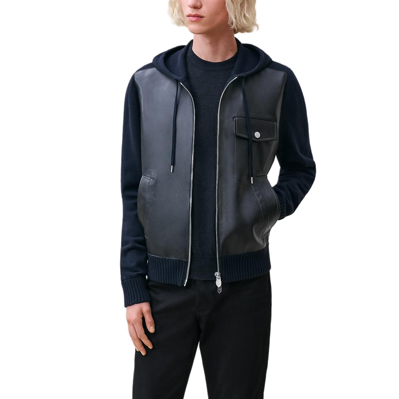 Hermes FW24 Navy Blue Patchwork Zip-Up Hooded Jacket Men H467315HA01