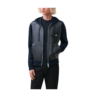 Hermes FW24 Navy Blue Patchwork Zip-Up Hooded Jacket Men H467315HA01