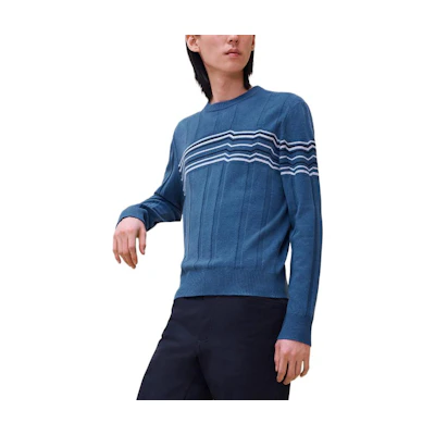 HERMES FW24 Striped Knit Crewneck Ribbed Long Sleeve Sweater Marble Blue Men. H467210HA5U