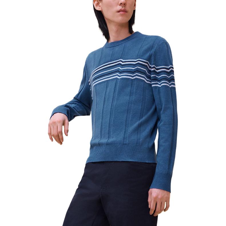 Order HERMES FW24 Striped Knit Crewneck Ribbed Long Sleeve Sweater Marble Blue Men. H467210HA5U