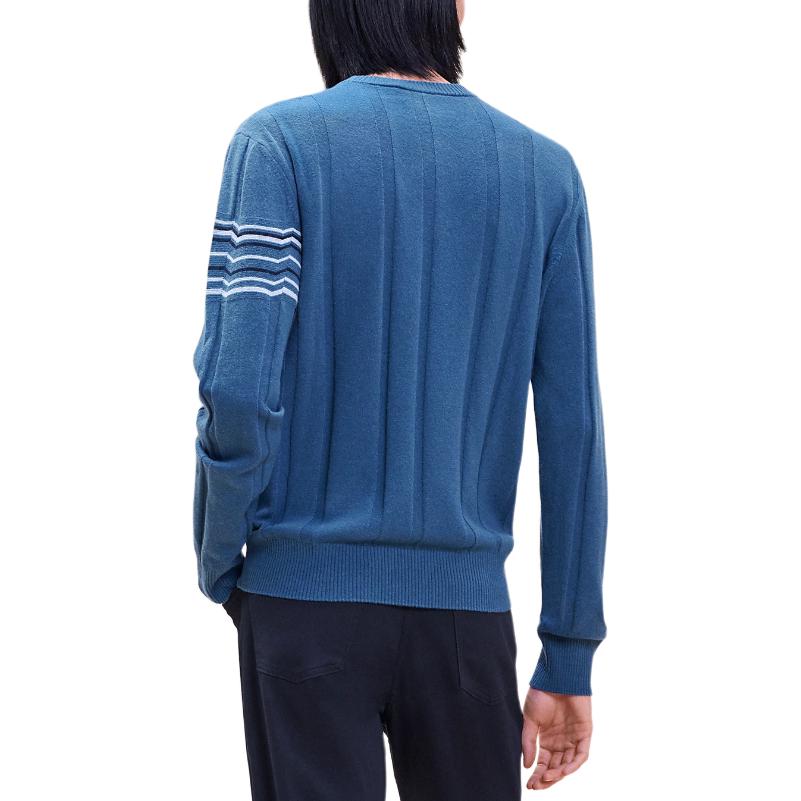 Lookbook HERMES FW24 Striped Knit Crewneck Ribbed Long Sleeve Sweater Marble Blue Men. H467210HA5U