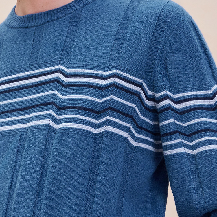 Shop HERMES FW24 Striped Knit Crewneck Ribbed Long Sleeve Sweater Marble Blue Men. H467210HA5U