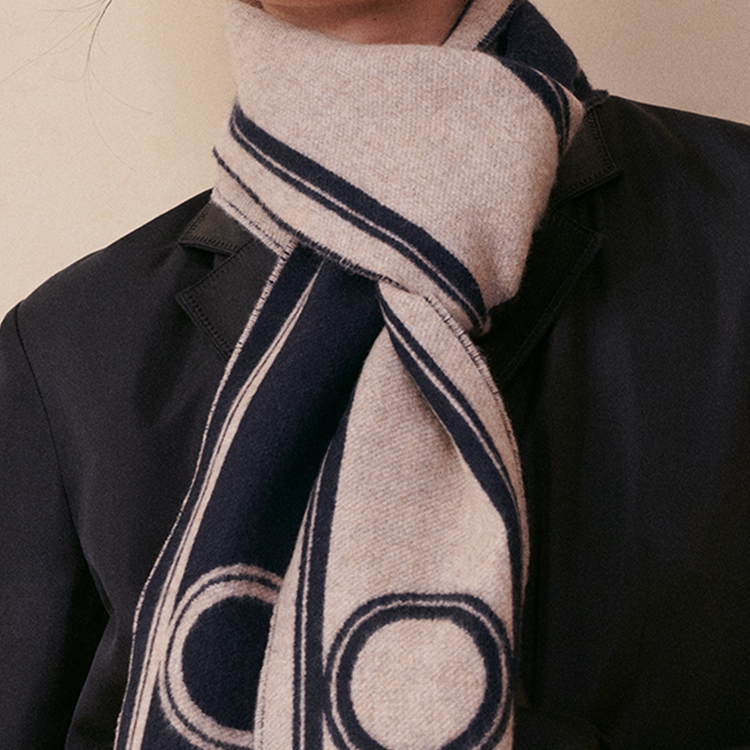 HERMES Geometric Design Cashmere Scarf Unisex Navy Blue/Beige H259144S 02 圖 4
