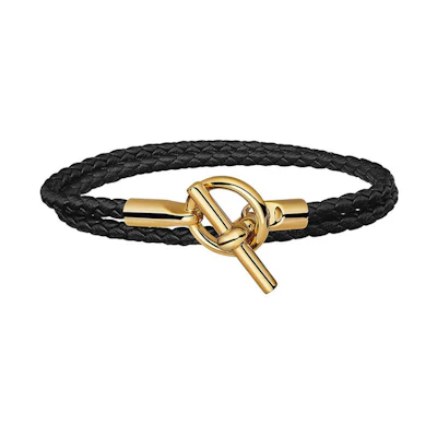 HERMES Glenan Double Tour Leather Bracelet Black Gold Unisex H071689F-89