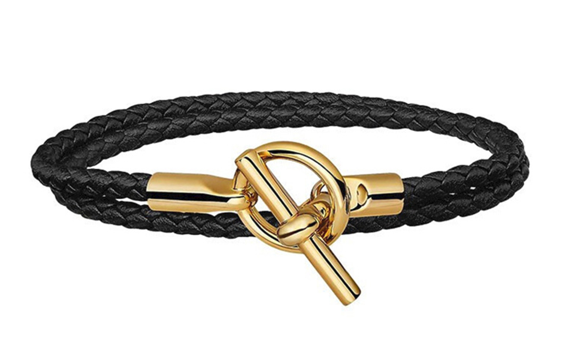 HERMES Glenan Double Tour Leather Bracelet Black Gold Unisex H071689F-89 圖 2