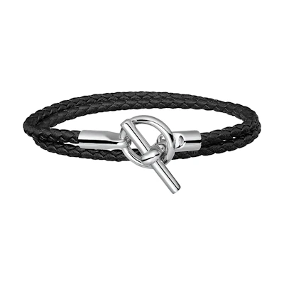 HERMES Glenan Double Wrap Leather Bracelet Unisex Couple Style Black H071689FP89