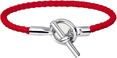 HERMES Glenan Red Braided Calfskin Palladium Bracelet Unisex Couple Design H071681FPS3T3 HERMES Glenan Red Braided Calfskin Palladium Bracelet Unisex Couple Design H071681FPS3T3