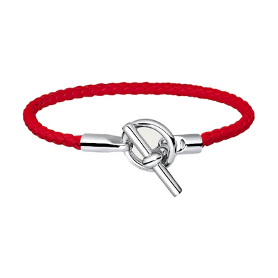 HERMES Glenan Red Braided Calfskin Palladium Bracelet Unisex Couple Design H071681FPS3T3