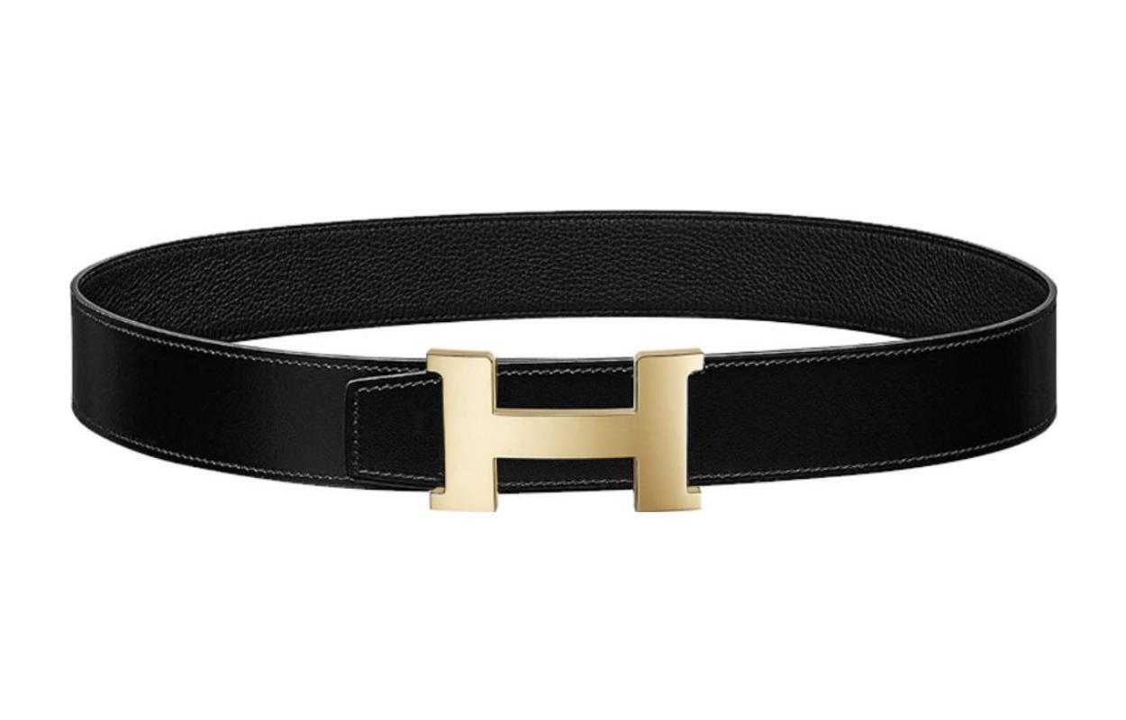 HERMES Glossy Gold Buckle Togo Leather Reversible Belt Black 3.8cm H0745620P2K-H075387CAAF