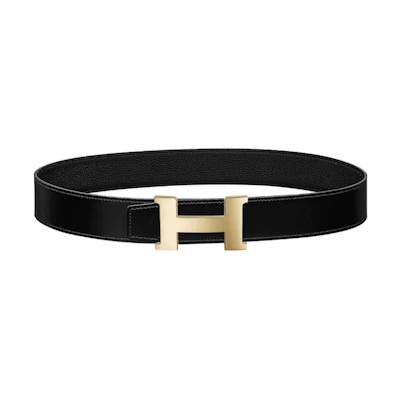 HERMES Glossy Gold Buckle Togo Leather Reversible Belt Black 3.8cm H0745620P2K-H075387CAAF
