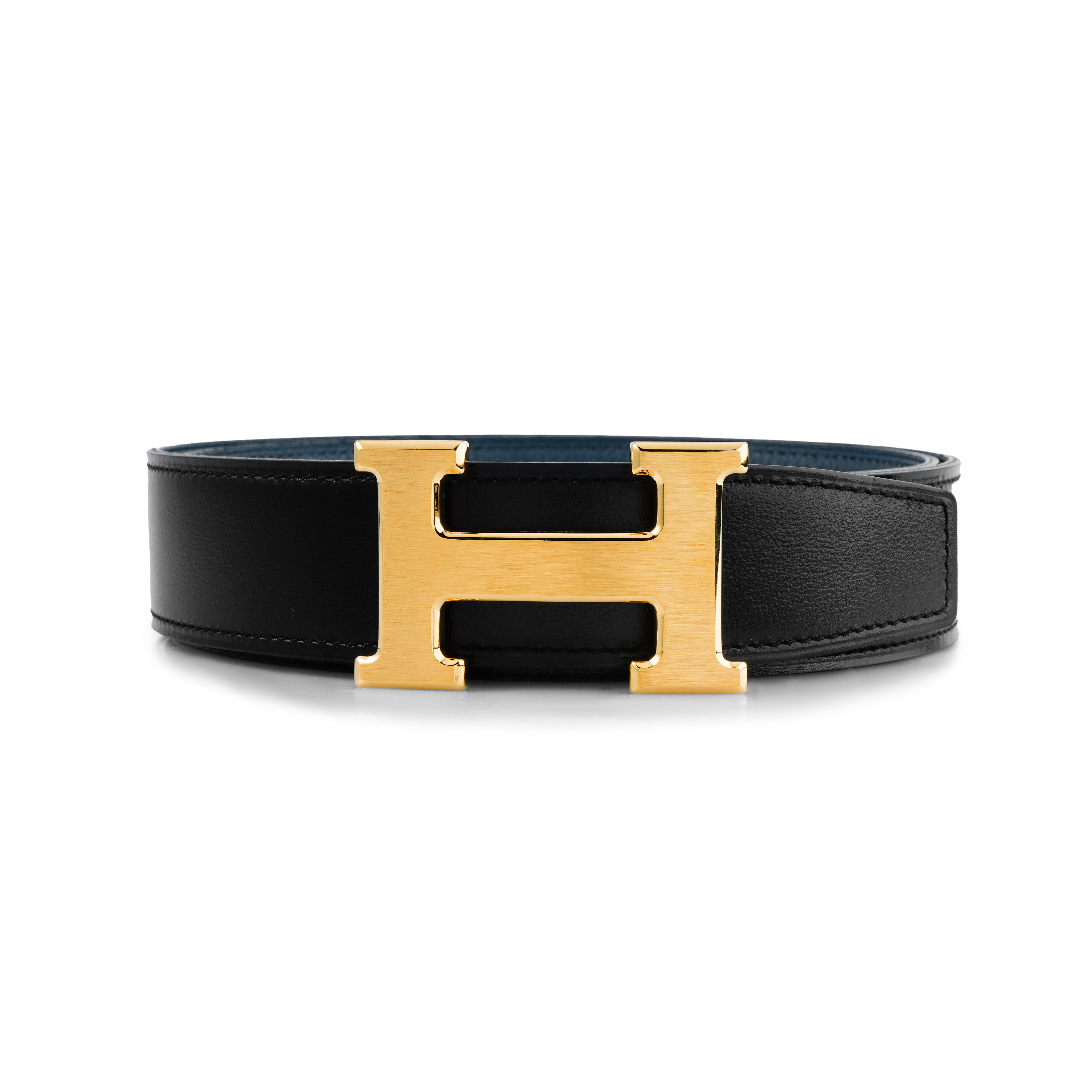 HERMES Gold 'H' Buckle Reversible Leather Belt Black/Bluish, 3.2cm H064544CM2M-H073967CAAD