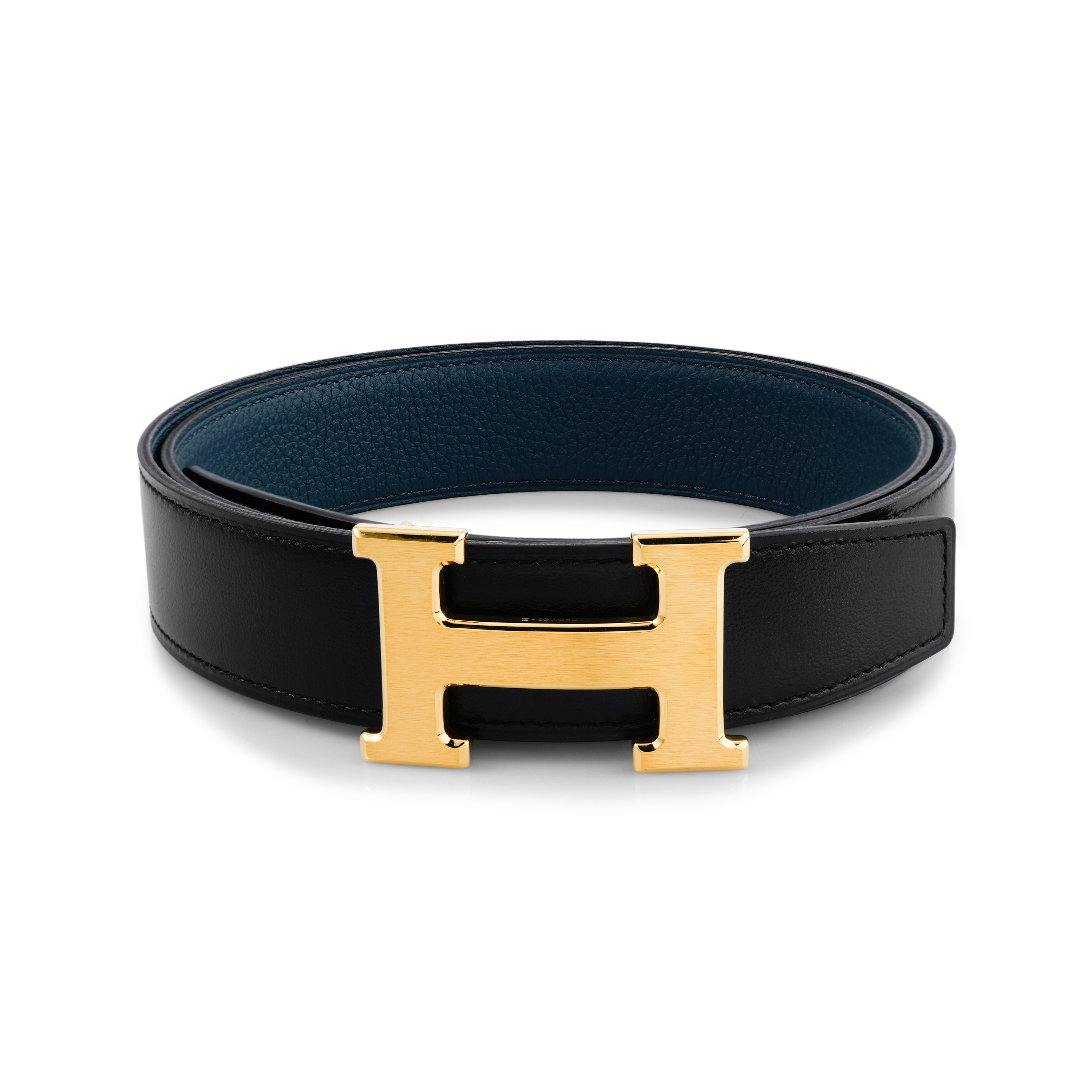 Lookbook HERMES Gold 'H' Buckle Reversible Leather Belt Black/Bluish, 3.2cm H064544CM2M-H073967CAAD