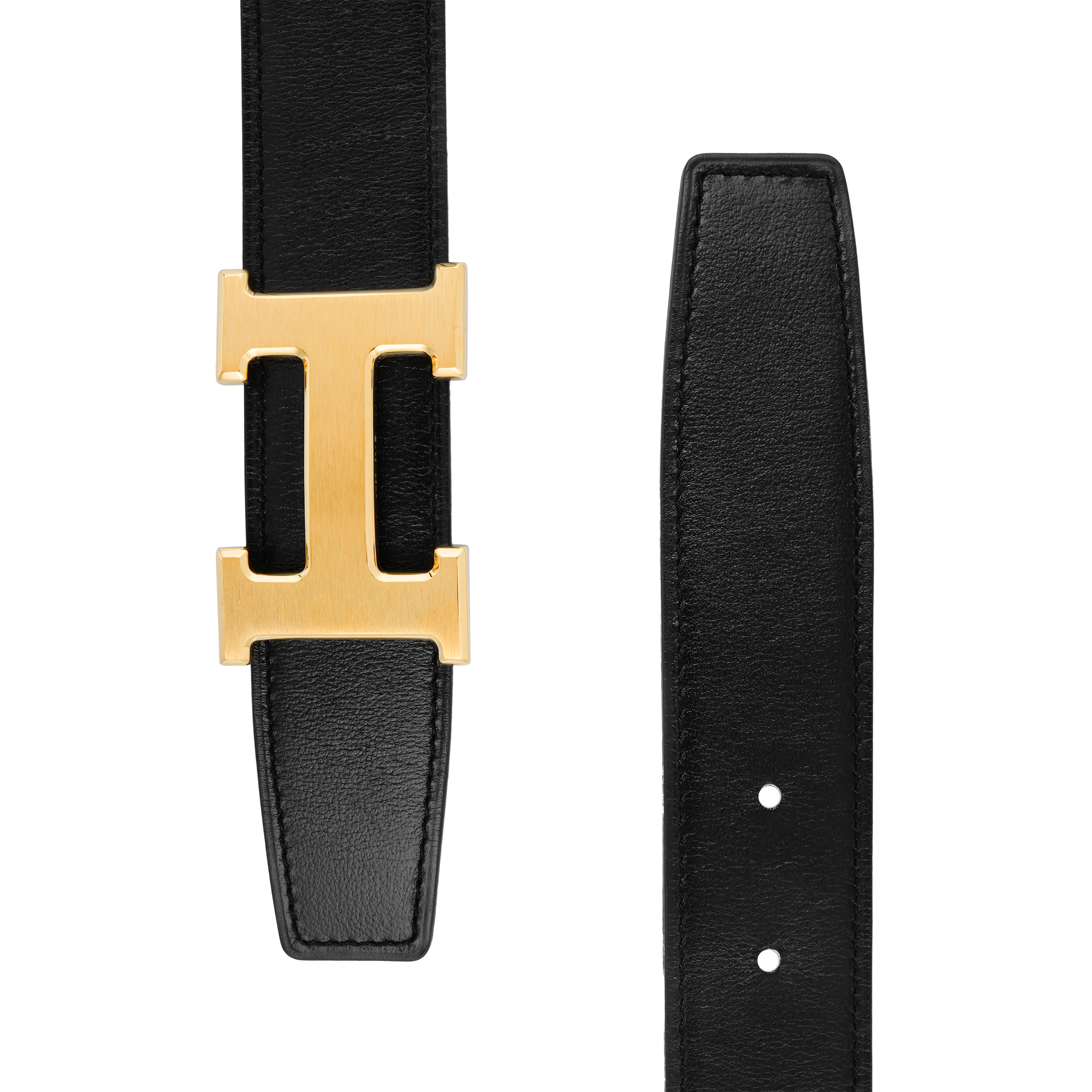 Shop HERMES Gold 'H' Buckle Reversible Leather Belt Black/Bluish, 3.2cm H064544CM2M-H073967CAAD
