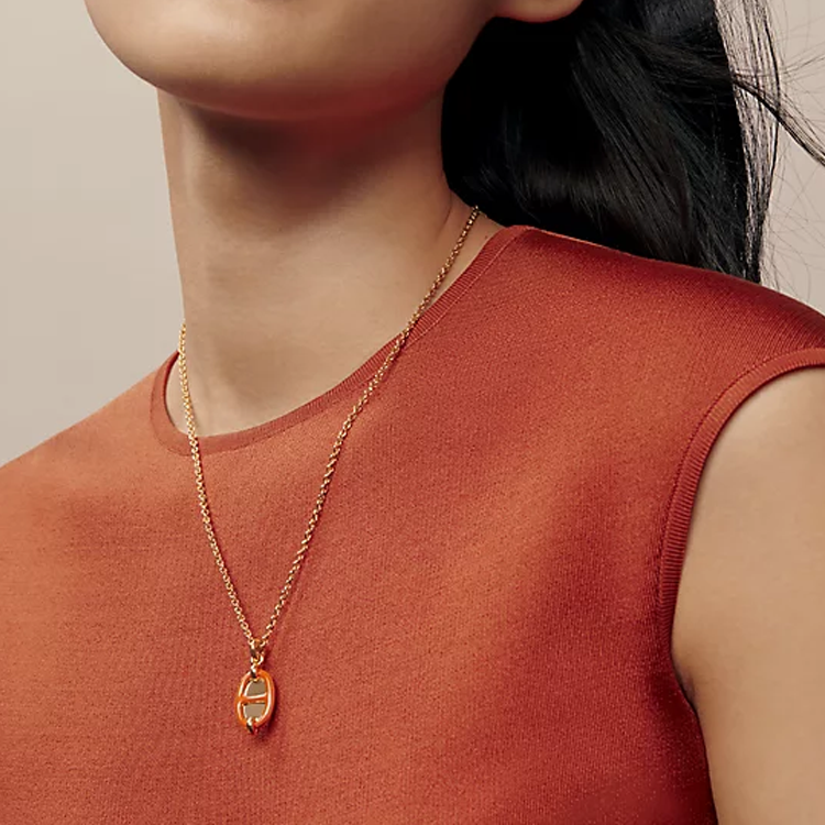 HERMES Gold Plated Metal Pendant Necklace Unisex Couple Design Gold. H100053FE 圖 4