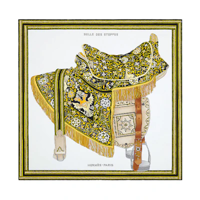 HERMES Grassland Saddle Scarf 90x90 Silk Unisex Black Gold Limited Edition. H003682S-01