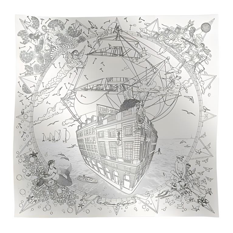 HERMES Grey Flagship Cruise Pattern Silk Scarf Unisex Couple Design. H004091Sv16
