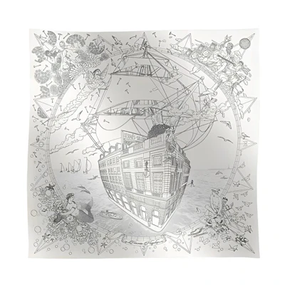 HERMES Grey Flagship Cruise Pattern Silk Scarf Unisex Couple Design. H004091Sv16