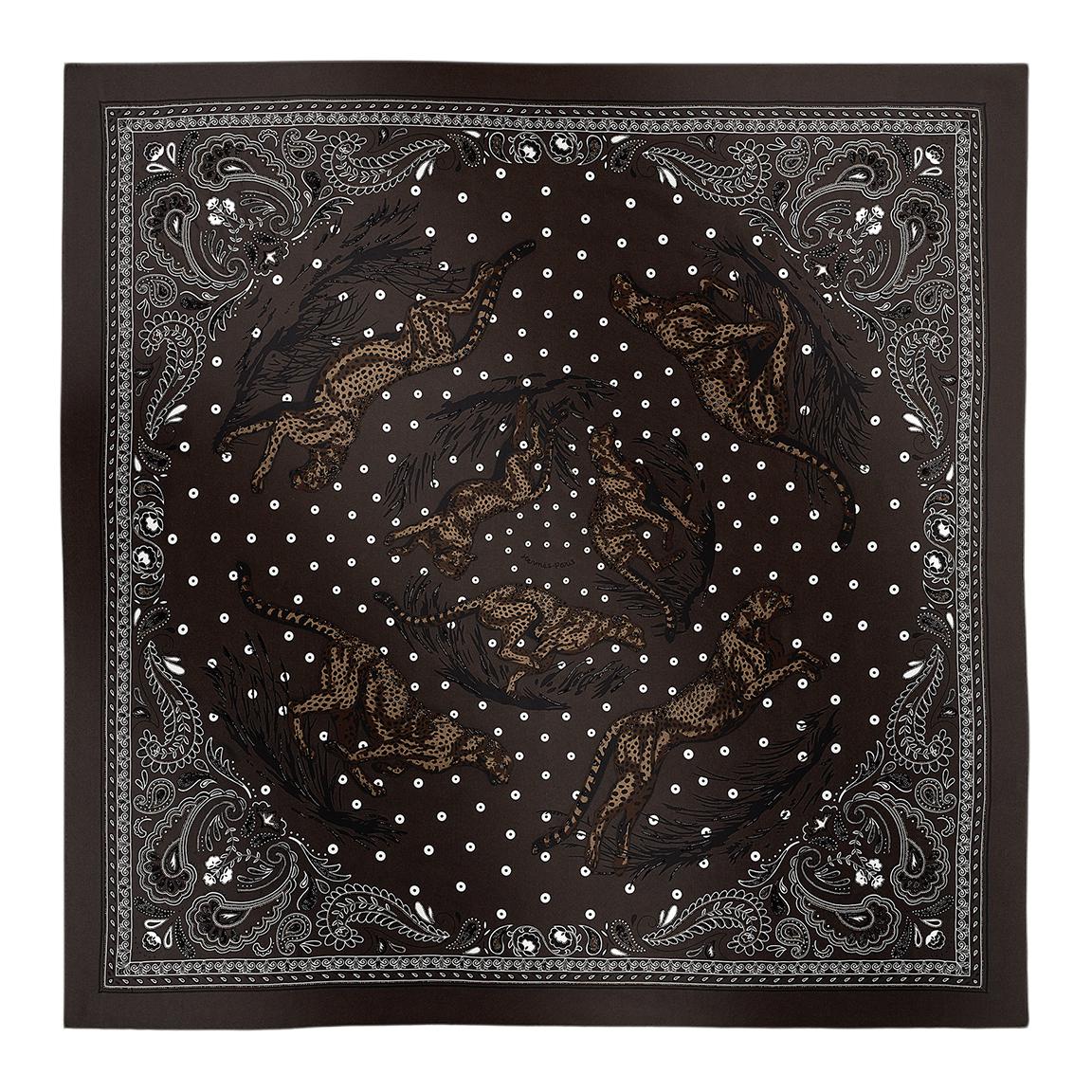 HERMES Guepards Bandana Silk Scarf Unisex Couples Brown. H594166S