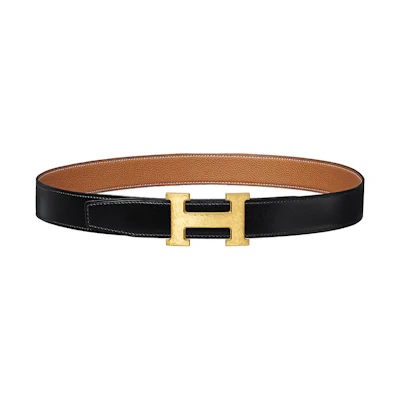 Hermes H Martelee Gold Buckle Epsom Calfskin Belt Black/Gold 3.2cm H064549CC06-H073967CAAA
