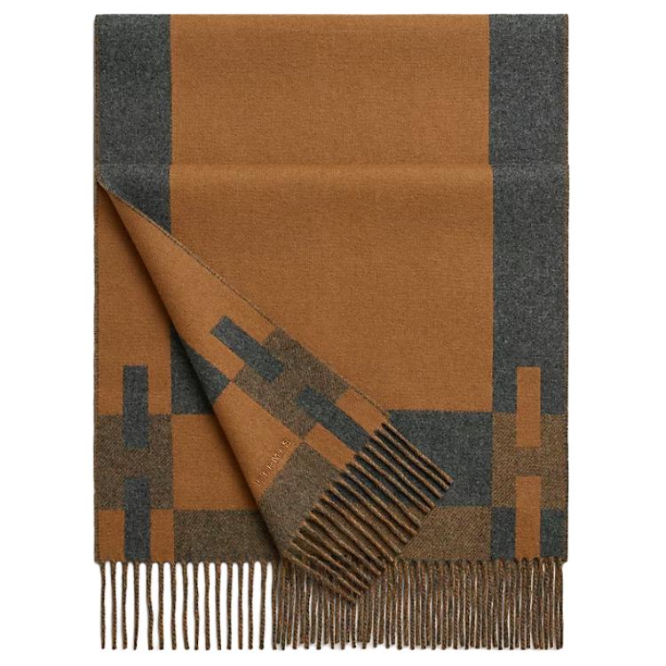 HERMES H Passant Logo Pattern Goat Cashmere Scarf Men Camel/Grey. H393870Tv03