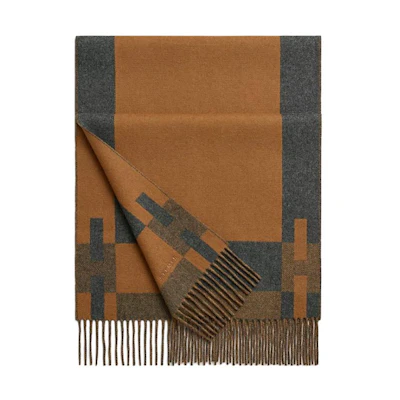 HERMES H Passant Logo Pattern Goat Cashmere Scarf Men Camel/Grey. H393870Tv03