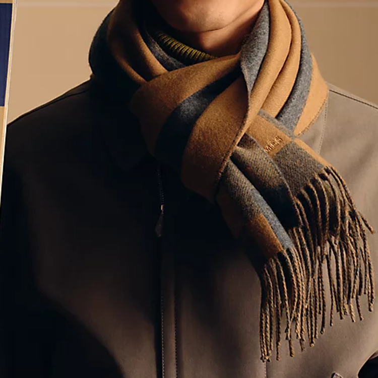 Lookbook Bufanda de Cabra y Cachemir con Logo H Passant de HERMES para Hombre, Color Camello/Gris. H393870Tv03