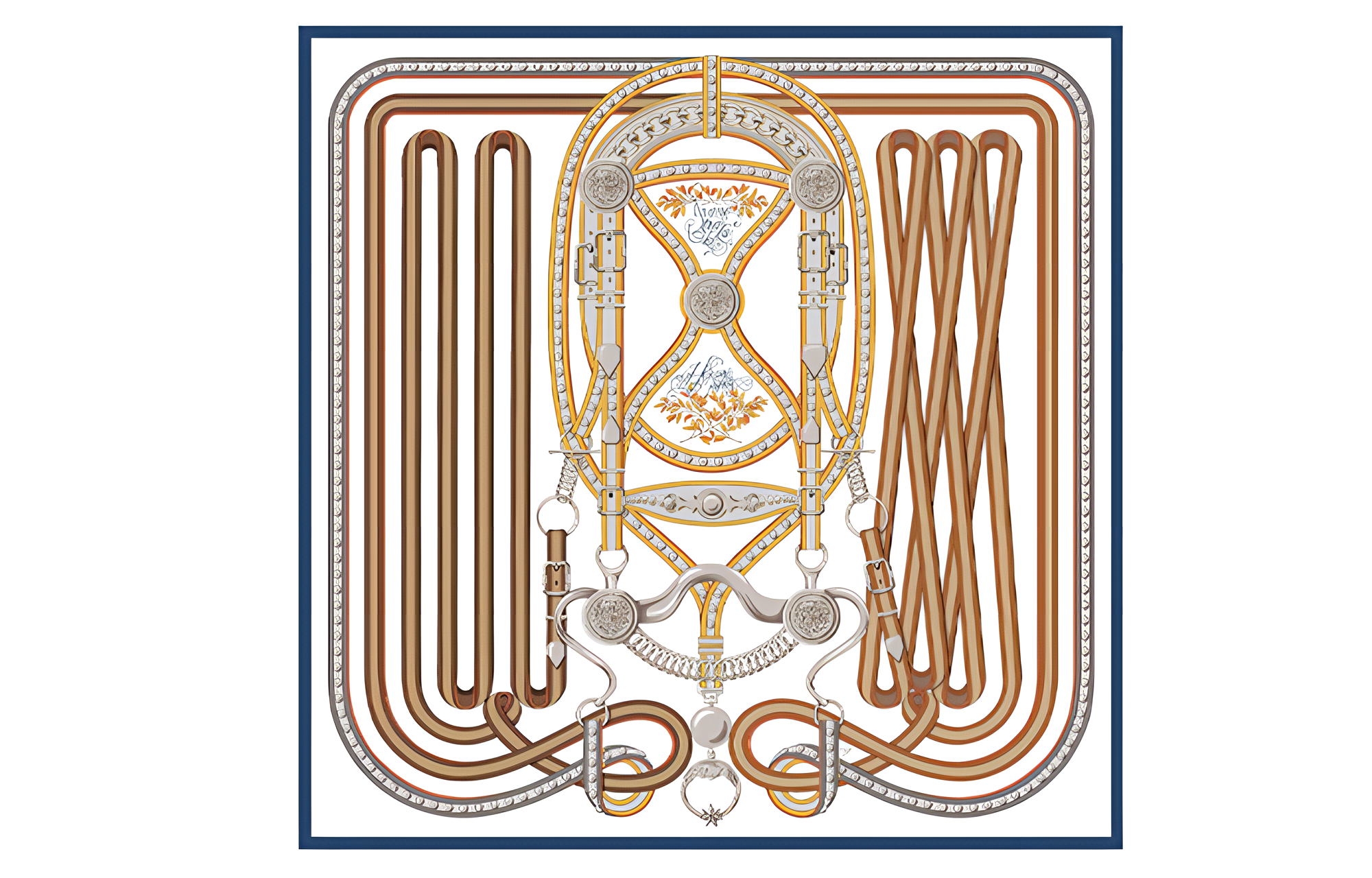 HERMES Hand-Rolled Silk Scarf "Grand Celebration" White Gold 90cm Unisex H003778S-12