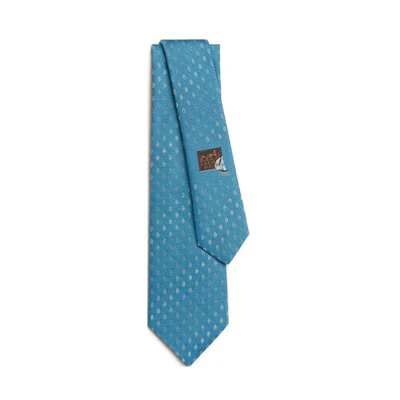 Hermes HERMÈS Blue Silk Tie with Printed Logo Embroidery. H339379Tv07