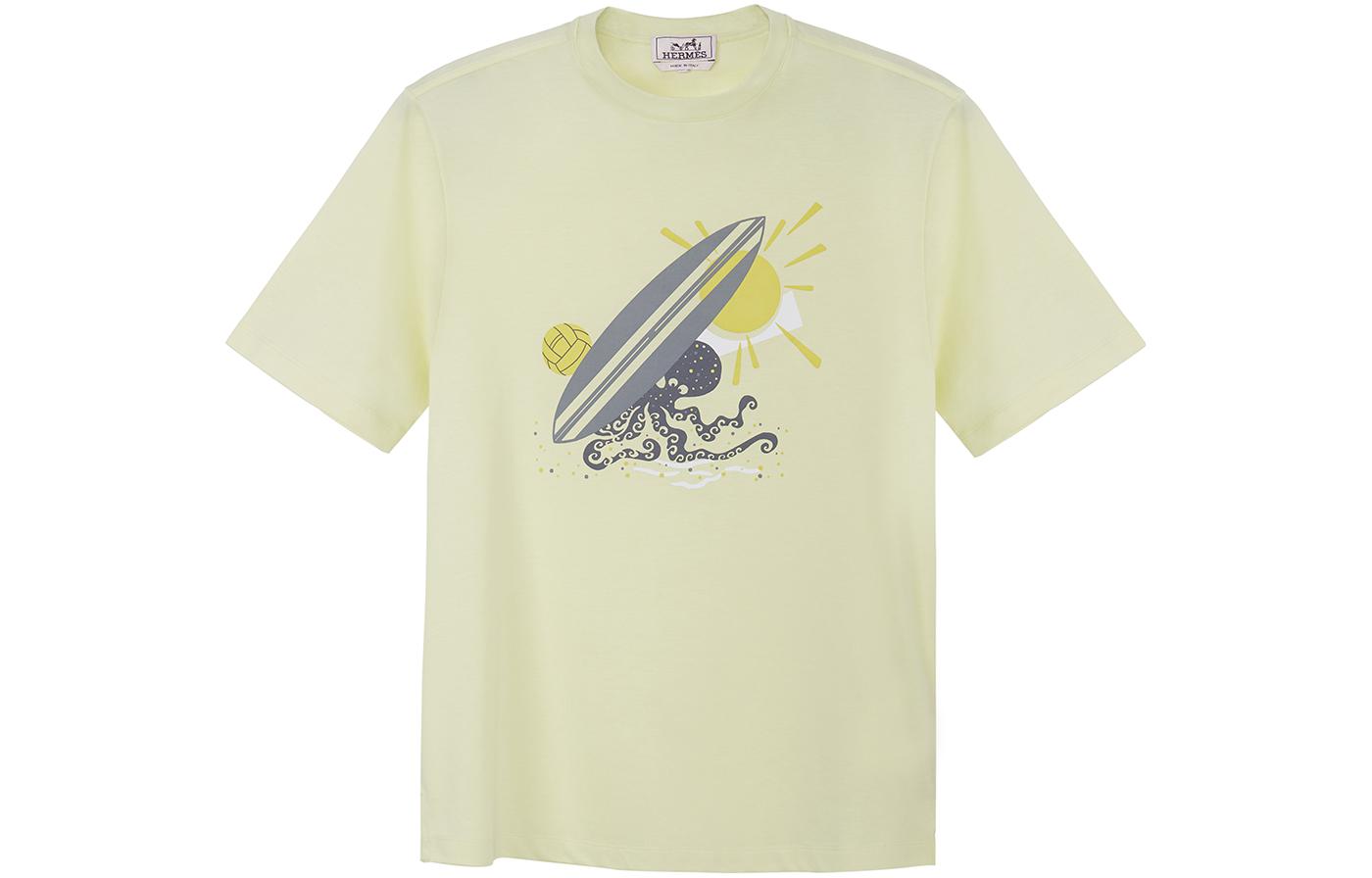 Order 爱马仕 HERMÈS 2023春夏卡通印花柠檬黄圆领短袖T恤 休闲上衣 H357940HA2Q