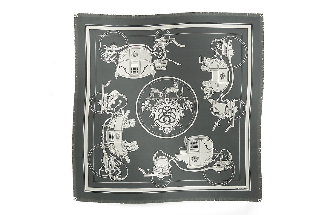 HERMES Iconic Ex-Libris Pattern Gray Mulberry Silk Scarf for Men. H271063Tv75