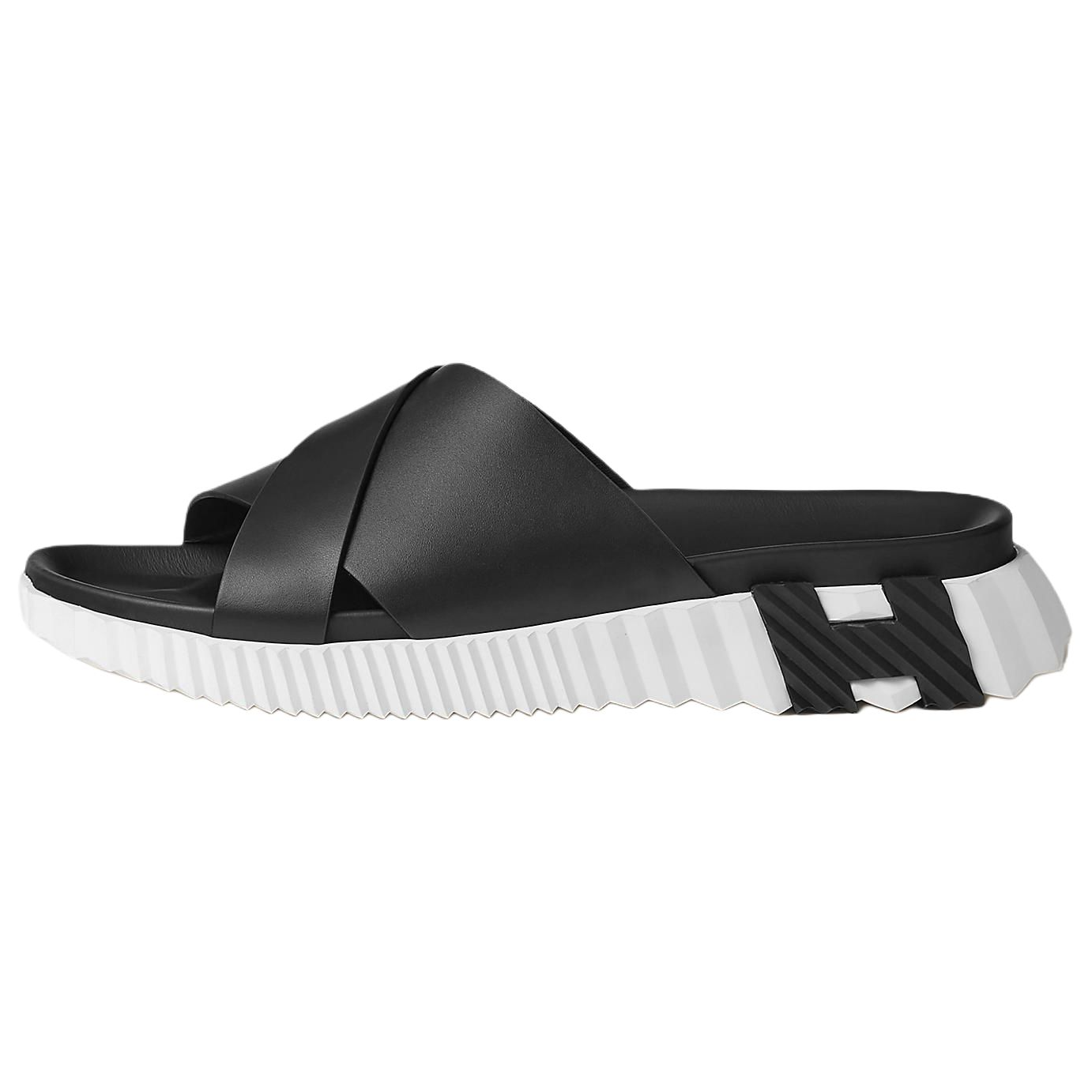 HERMES Infra Black Leather Cross-Strap Slip-On Sandals H241919Z H02