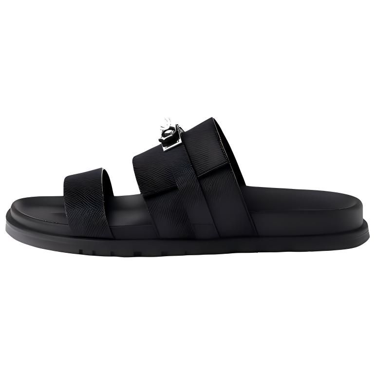 HERMES Jackson Black Calfskin Open-Toe Slides H242949Z H03