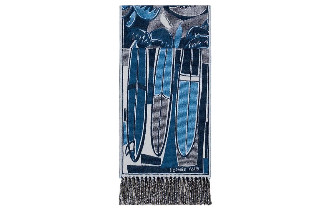 HERMES Jacquard Knit Wool Scarf Blue for Men. H393161T-01