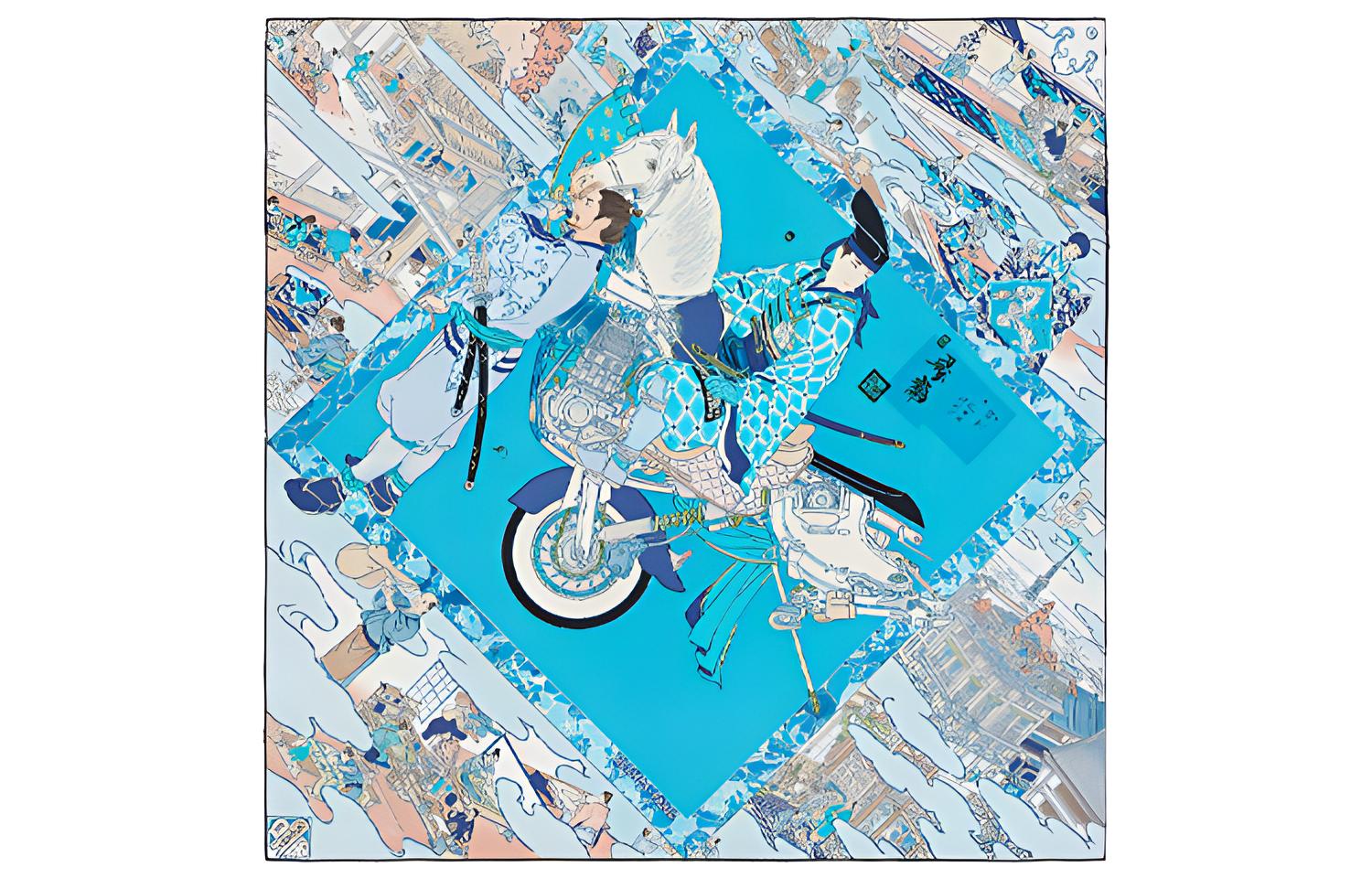 HERMES Japanese Artisan Blue Silk Scarf H003335S-11