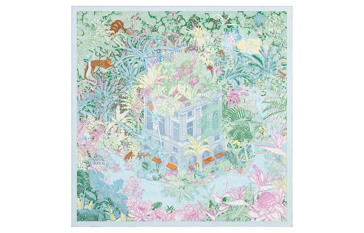 HERMES Jungle Faubourg 90cm Unisex Silk Scarf Blue Green H003602S-06