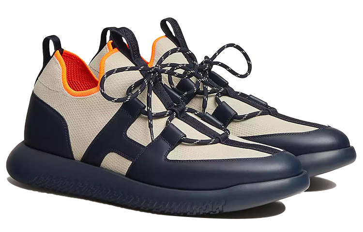 Shop HERMES Sepatu Sneakers Knit Kulit Anak Sapi 'Beige Biru' H212911Z-HT