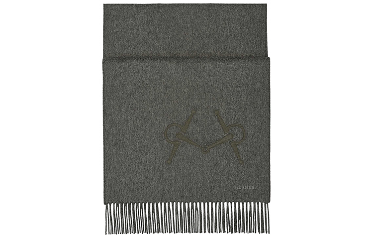 HERMES Leather-Bit Embroidered Cashmere Scarf Gray H393757T-02 圖 2