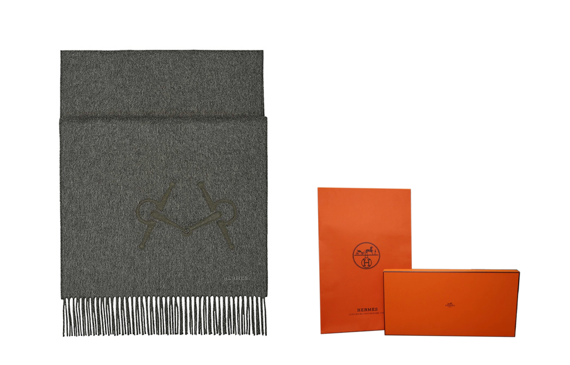 HERMES Leather-Bit Embroidered Cashmere Scarf Gray H393757T-02 圖 5