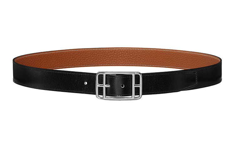 HERMES Leather Belt, Silver Buckle, Calfskin, Black/Brown, 32mm Width H049676CKAA090