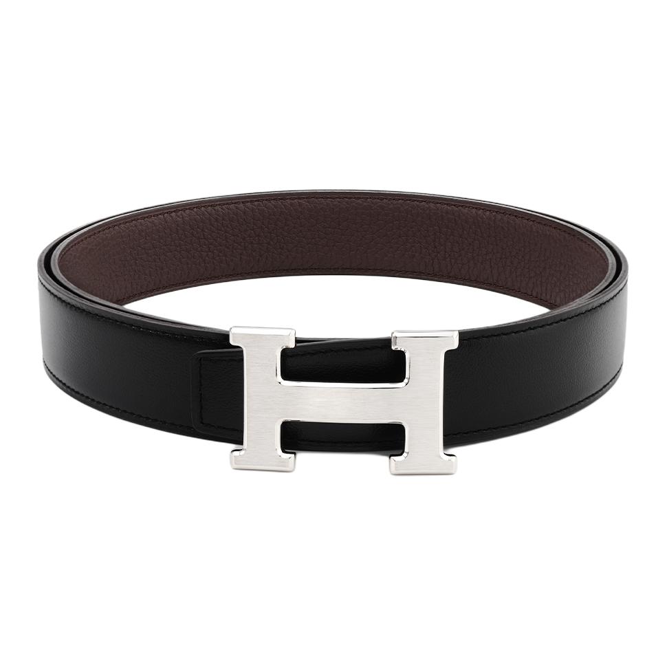 HERMES Leather Belt Black/Chocolate 3.2cm with Glossy & Matte Buckle. H064544CB86-H073967CAAB