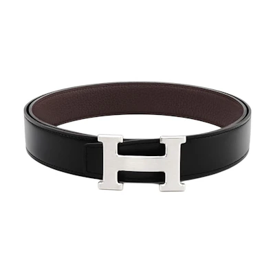HERMES Leather Belt Black/Chocolate 3.2cm with Glossy & Matte Buckle. H064544CB86-H073967CAAB