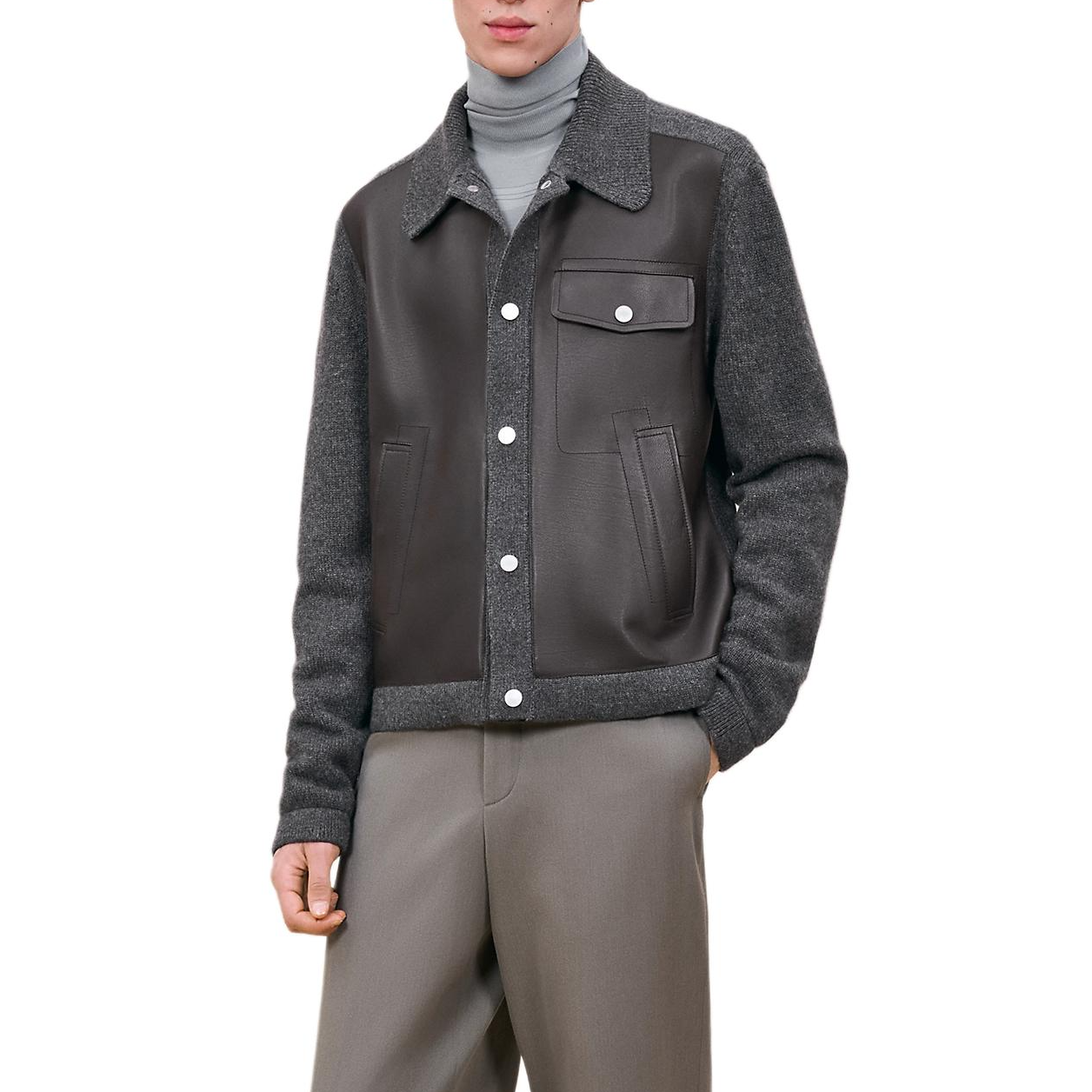 Hermes Leather Jacket with Lapel and Buttons in Anthracite Grey H467310HA81